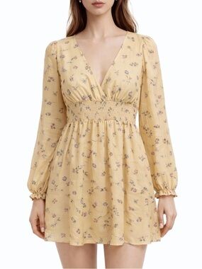 Aritzia Wilfred Wistful Dress XS Yellow Floral Chiffon Smocked Mini